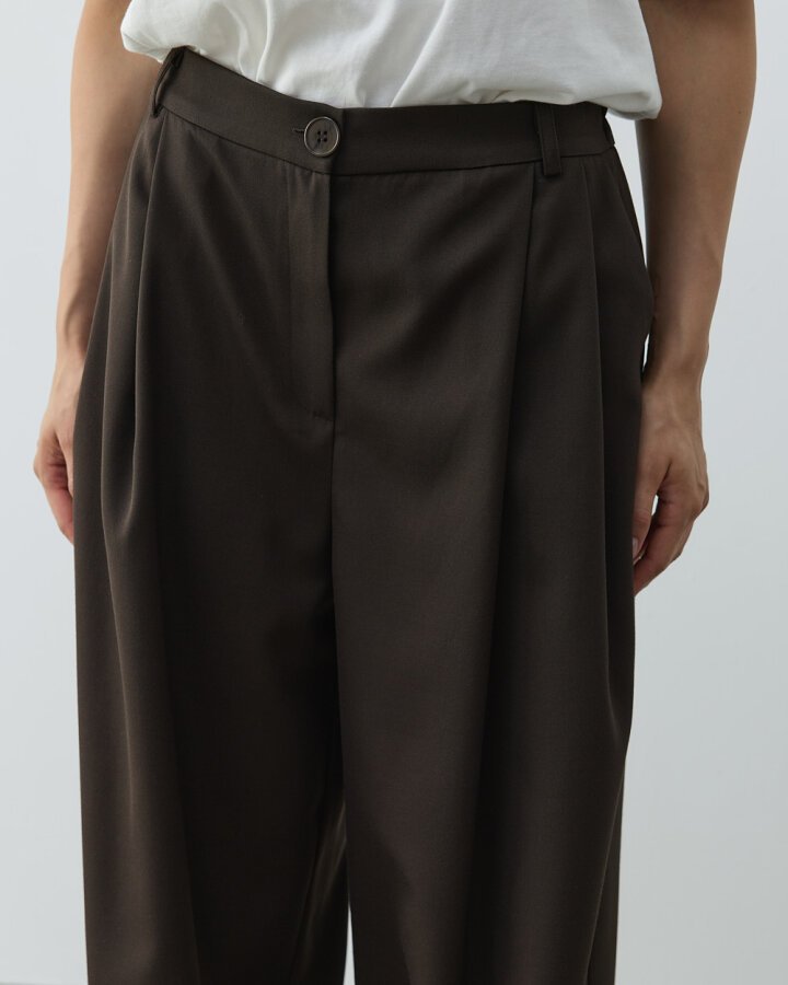 Çift Pileli Palazzo Pantolon Acı Kahve - Aybikestil (1)