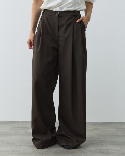 Çift Pileli Palazzo Pantolon Acı Kahve 