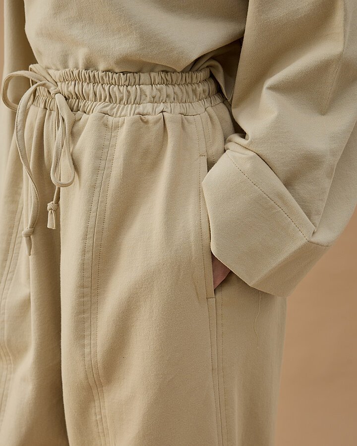 Cotton İki İplik Bol Balon Fit Kesikli Eşofman Altı Bej - Aybikestil (1)