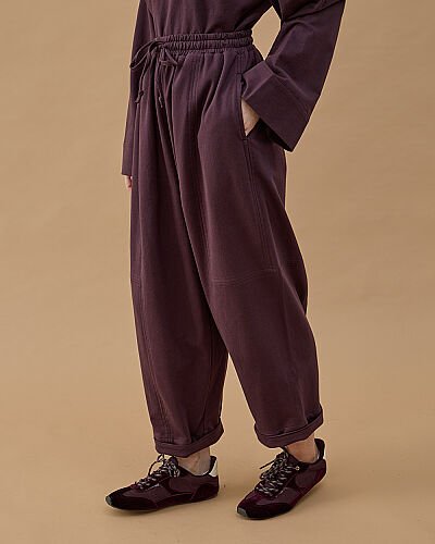 Cotton İki İplik Bol Balon Fit Kesikli Eşofman Altı Mürdüm 