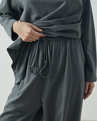 Cotton İki İplik Bol Balon Fit Kesikli Eşofman Altı Nefti - Aybikestil (1)