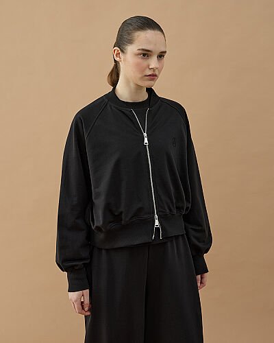 Cotton İki İplik Fermuarlı Bomber Ceket Siyah 