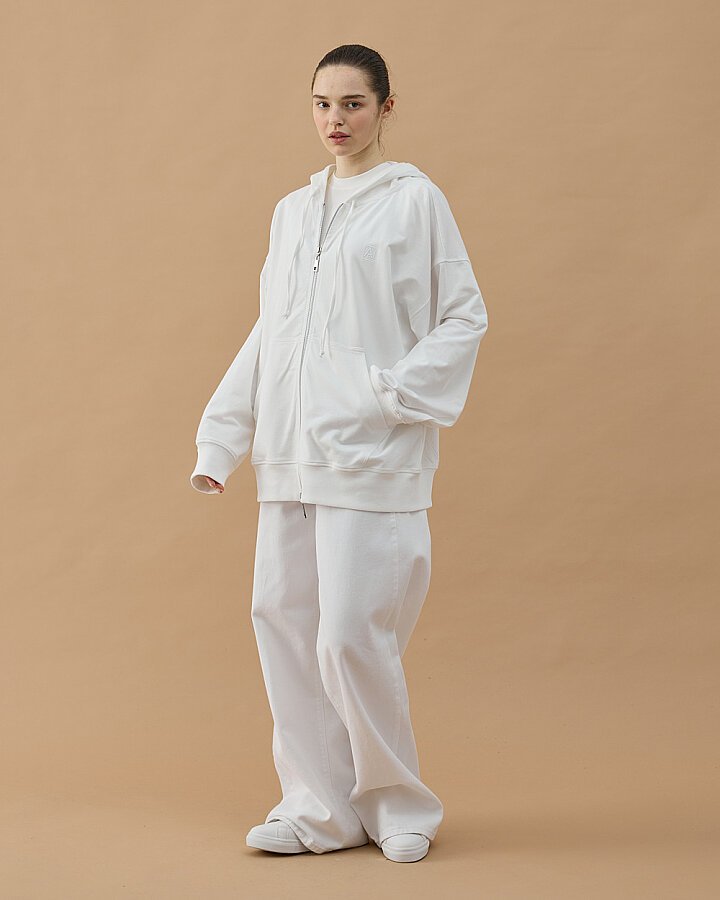 Cotton İki İplik Fermuarlı Kapüşonlu Sweatshirt Ekru - Aybikestil (1)