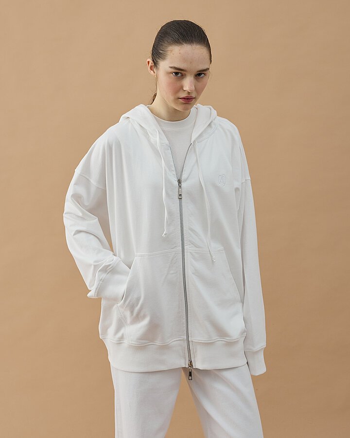 Cotton İki İplik Fermuarlı Kapüşonlu Sweatshirt Ekru - Aybikestil