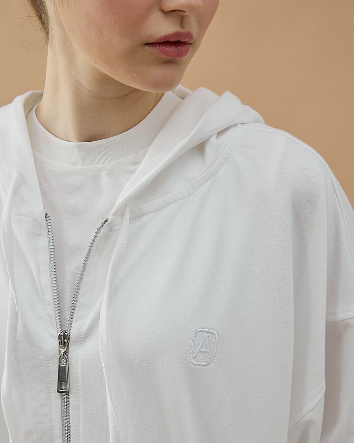 Cotton İki İplik Fermuarlı Kapüşonlu Sweatshirt Ekru - Aybikestil (1)