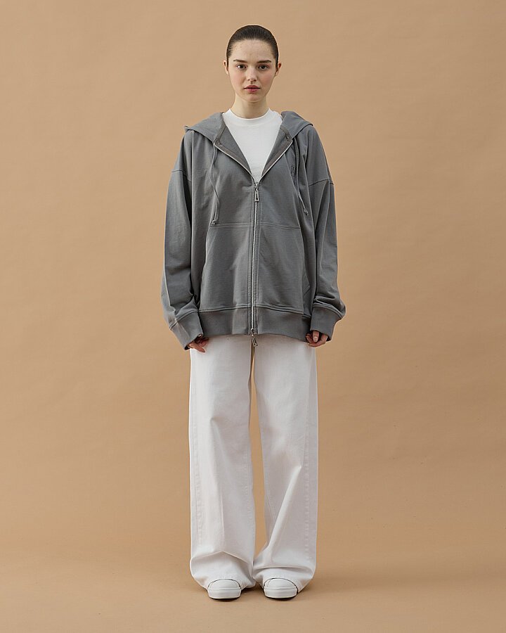 Cotton İki İplik Fermuarlı Kapüşonlu Sweatshirt Gri - Aybikestil (1)