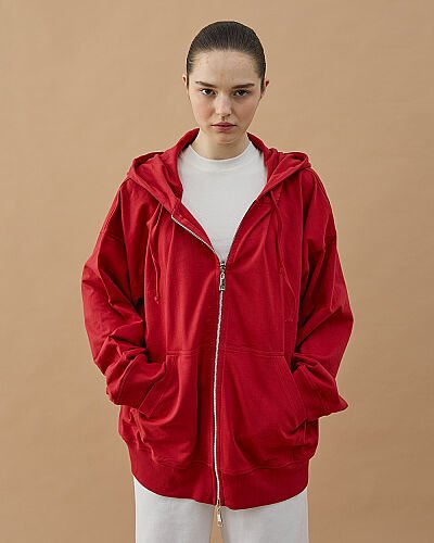 Cotton İki İplik Fermuarlı Kapüşonlu Sweatshirt Kırmızı 