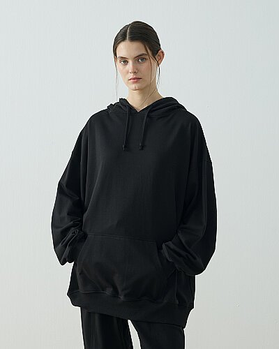 Cotton İki İplik Kapüşonlu Hoodie Sweatshirt Siyah 