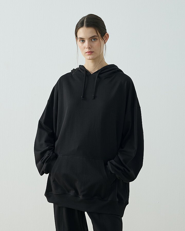 Cotton İki İplik Kapüşonlu Hoodie Sweatshirt Siyah