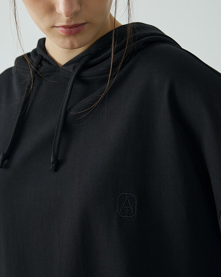Cotton İki İplik Kapüşonlu Hoodie Sweatshirt Siyah - (1)