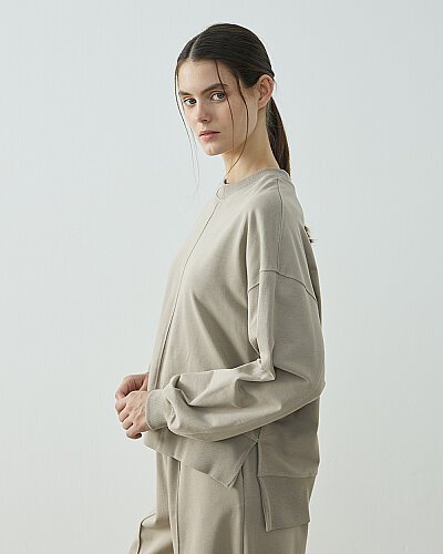 Cotton İki İplik Kesikli Dikişli Kısa Sweat Ve Straight Fit Nervürlü Eşofman Altı Taş - Aybikestil (1)