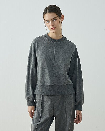 Cotton İki İplik Kesikli Dikişli Kısa Sweat Antrasit 