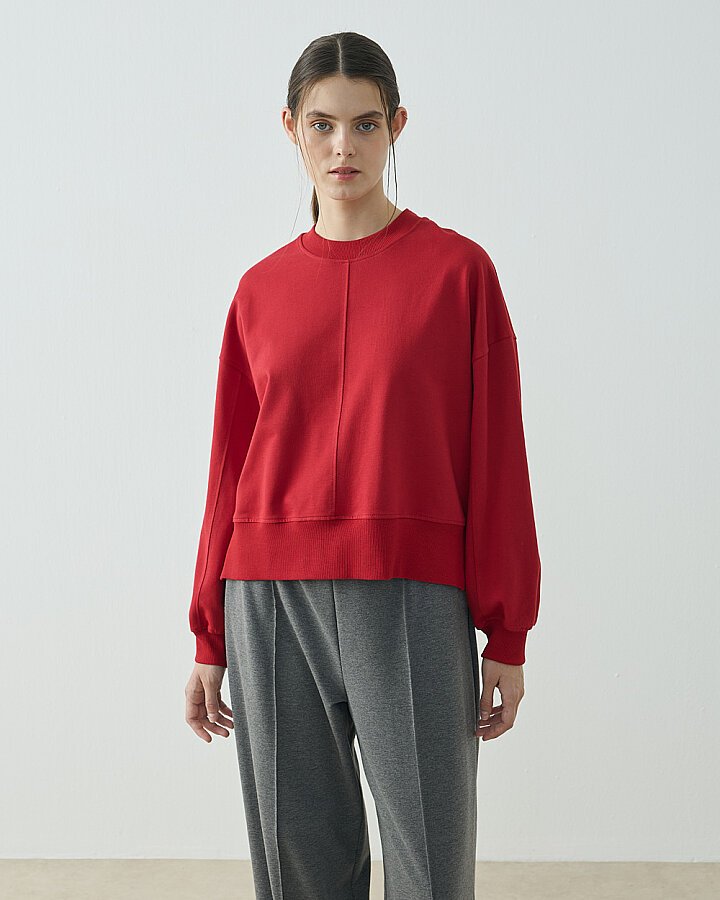 Cotton İki İplik Kesikli Dikişli Kısa Sweat Kırmızı - Aybikestil (1)