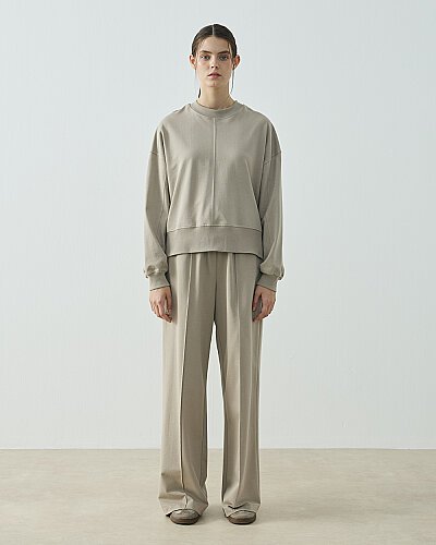 Cotton İki İplik Kesikli Dikişli Kısa Sweat Taş - Aybikestil (1)