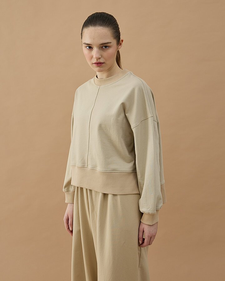 Cotton İki İplik Nervürlü Kesikli Kısa Sweat Bej - Aybikestil