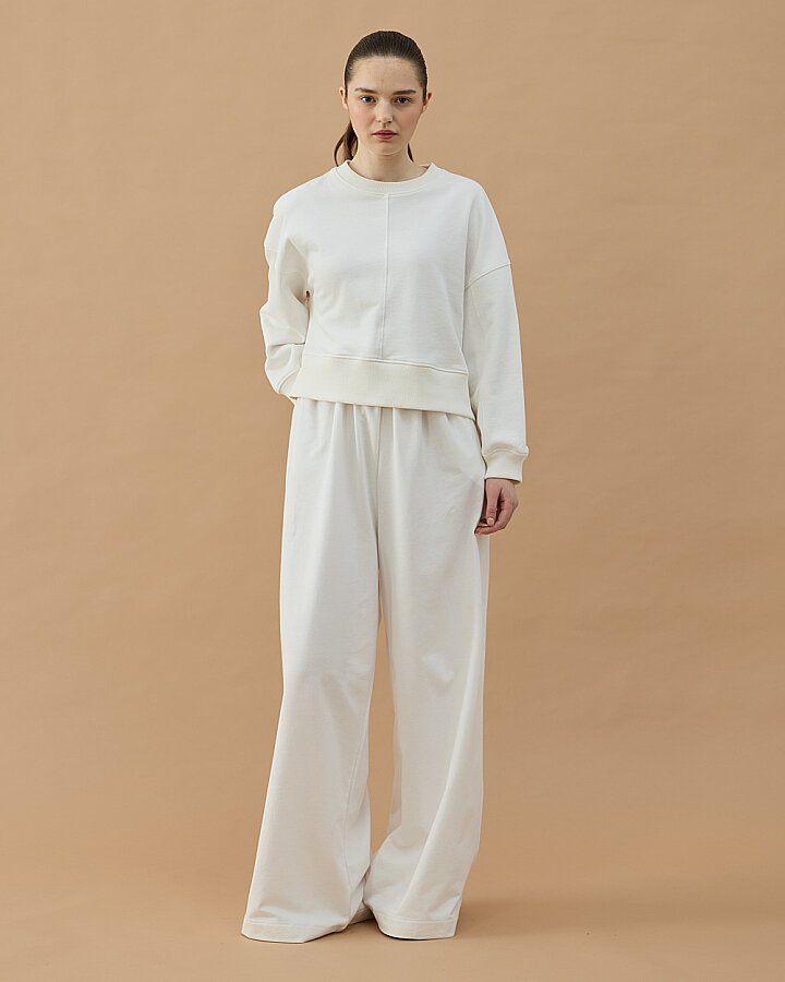 Cotton İki İplik Nervürlü Kesikli Kısa Sweat Ekru - Aybikestil (1)