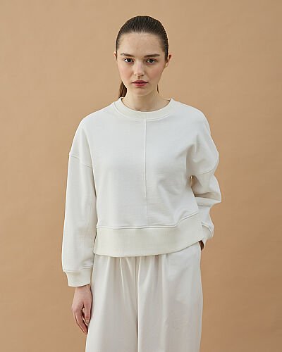 Cotton İki İplik Nervürlü Kesikli Kısa Sweat Ekru 