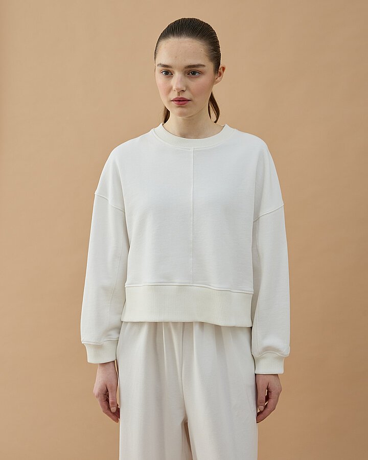 Cotton İki İplik Nervürlü Kesikli Kısa Sweat Ekru - Aybikestil (1)