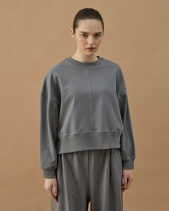 Cotton İki İplik Nervürlü Kesikli Kısa Sweat Gri - Aybikestil