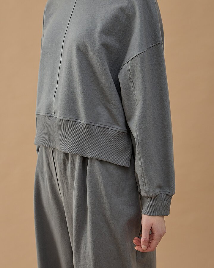 Cotton İki İplik Nervürlü Kesikli Kısa Sweat Gri - Aybikestil (1)