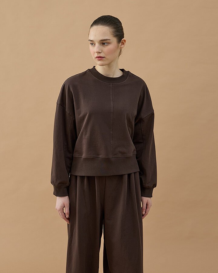 Cotton İki İplik Nervürlü Kesikli Kısa Sweat Kahve - Aybikestil