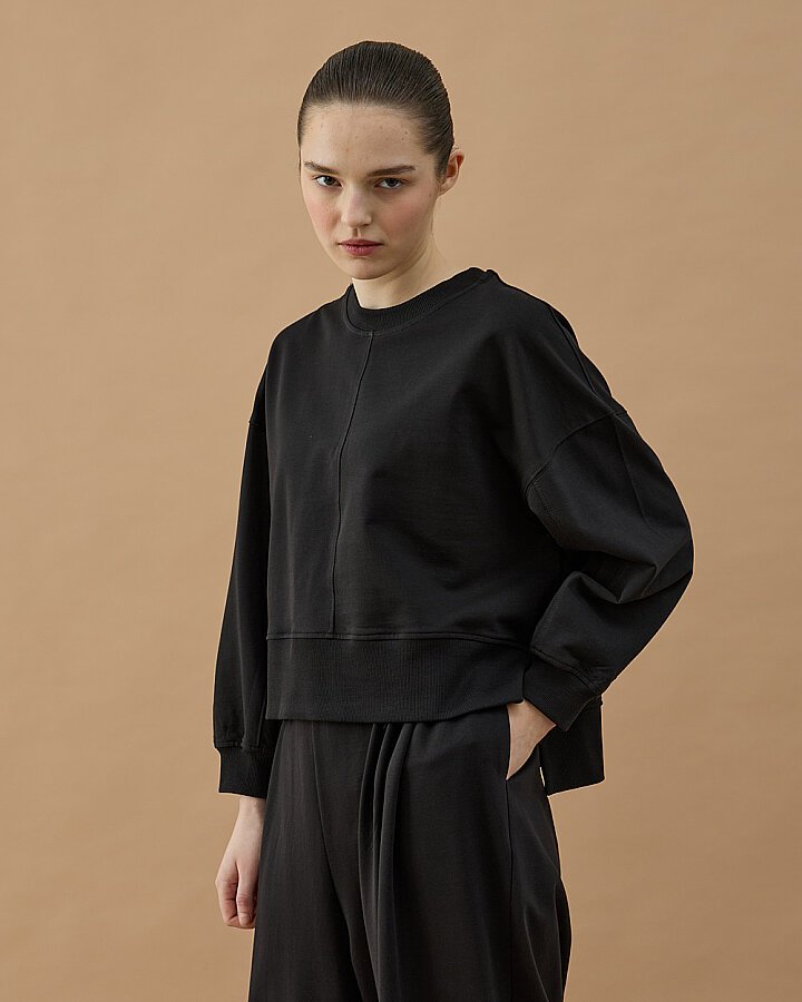 Cotton İki İplik Nervürlü Kesikli Kısa Sweat Siyah - Aybikestil