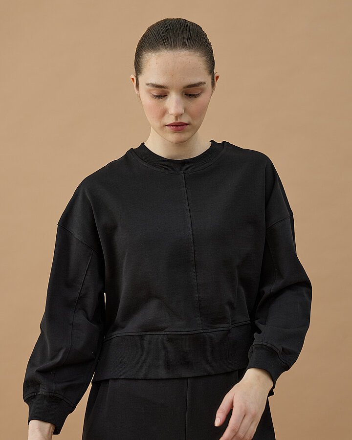 Cotton İki İplik Nervürlü Kesikli Kısa Sweat Siyah - Aybikestil (1)