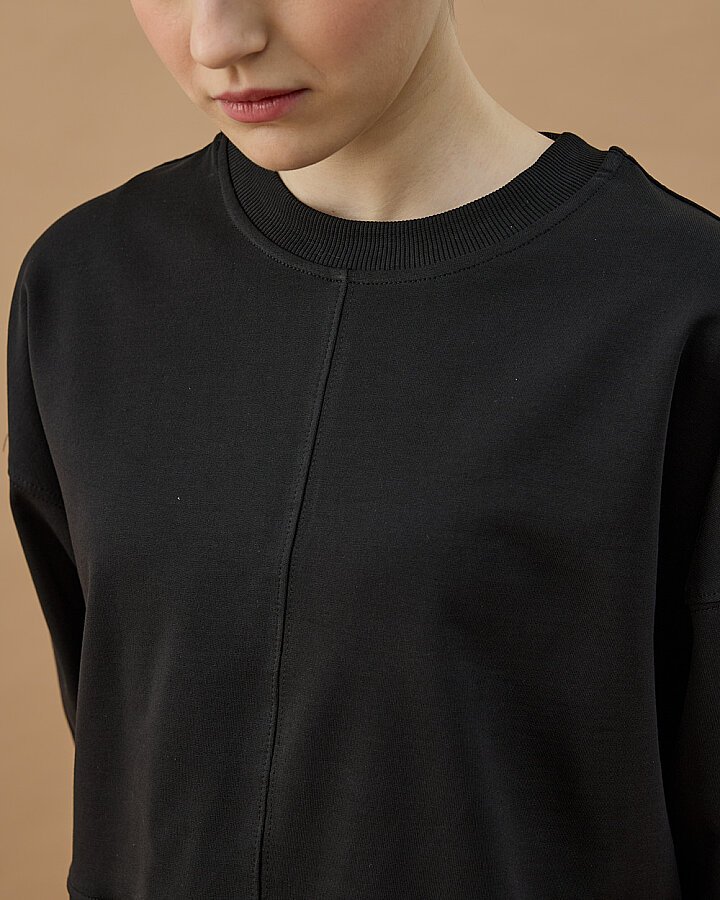 Cotton İki İplik Nervürlü Kesikli Kısa Sweat Siyah - Aybikestil (1)