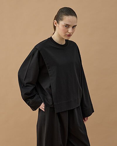 Cotton İki İplik Önü Yırtmaçlı Bluz Siyah 