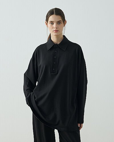 Cotton İki İplik Polo Yaka Sweat Siyah 