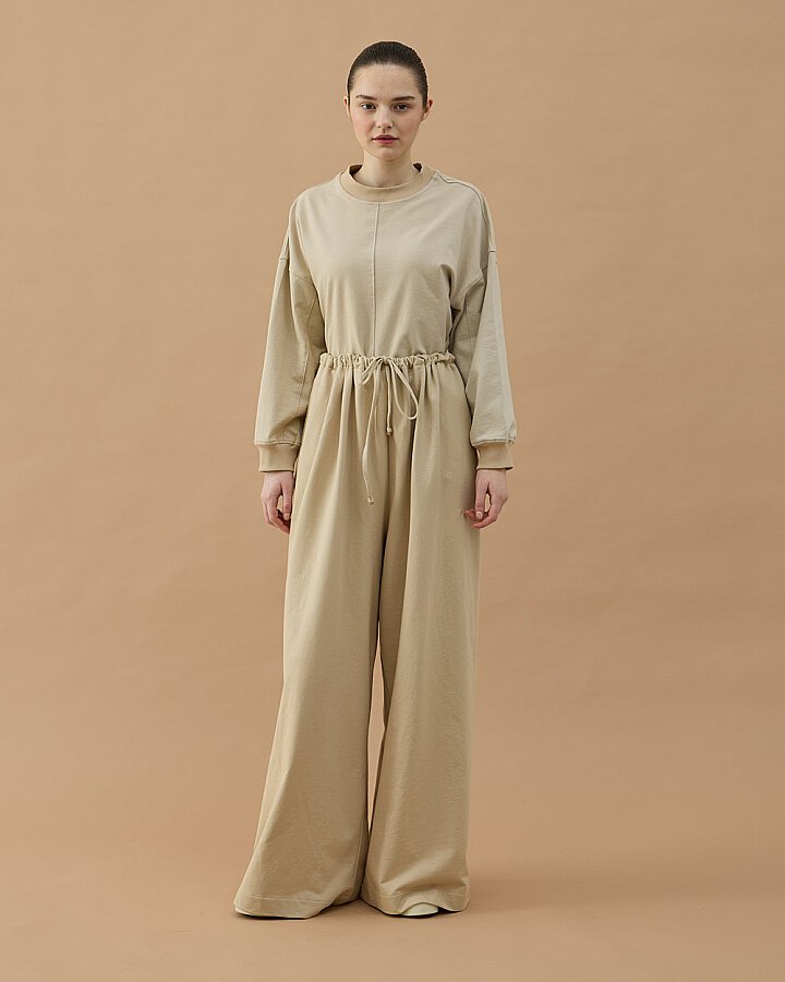 Cotton İki İplik Wide Leg Bol Eşofman Altı Bej - Aybikestil (1)