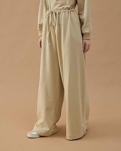 Cotton İki İplik Wide Leg Bol Eşofman Altı Bej 