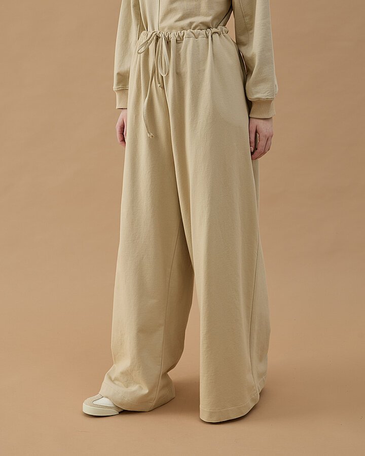 Cotton İki İplik Wide Leg Bol Eşofman Altı Bej - Aybikestil