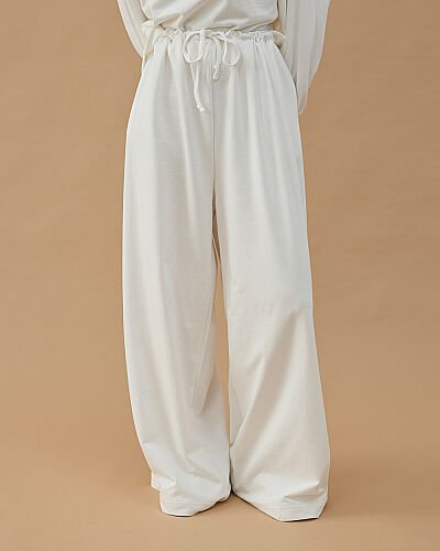 Cotton İki İplik Wide Leg Bol Eşofman Altı Ekru 