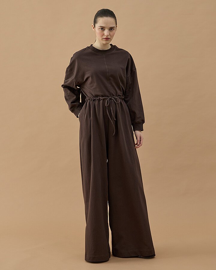 Cotton İki İplik Wide Leg Bol Eşofman Altı Kahve - Aybikestil (1)