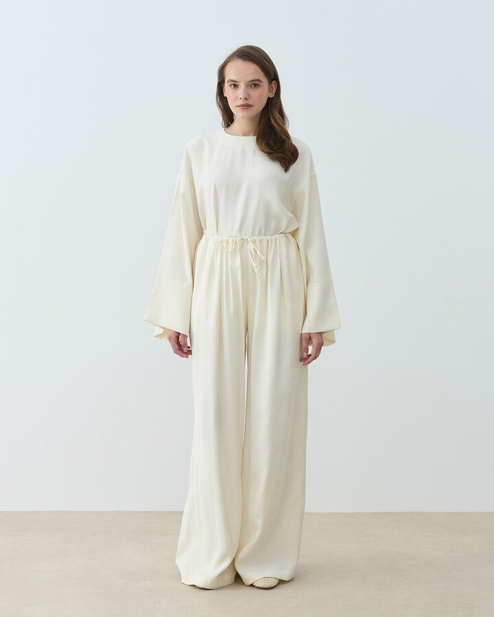 Cupra Beli İpli Wide Leg Pantolon Krem