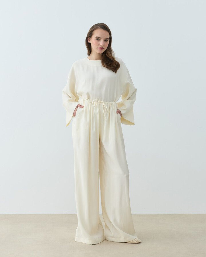 Cupra Beli İpli Wide Leg Pantolon Krem