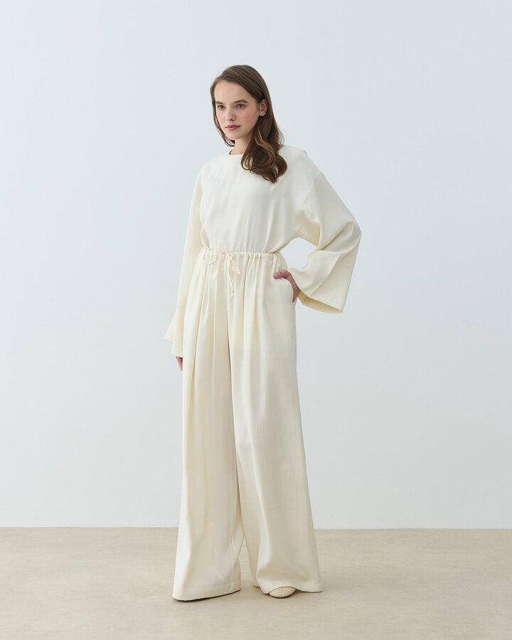 Cupra Beli İpli Wide Leg Pantolon Krem