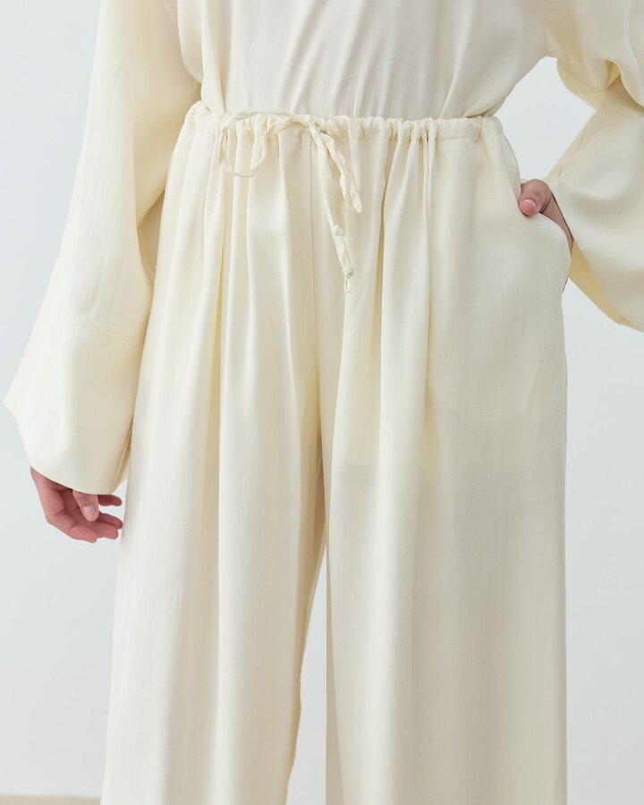 Cupra Beli İpli Wide Leg Pantolon Krem