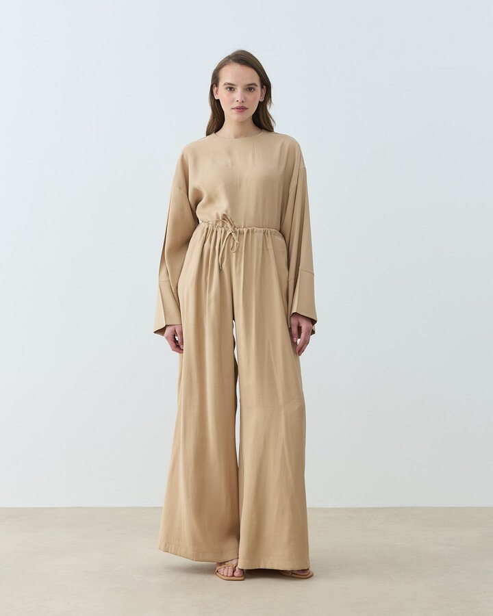 Cupra Beli İpli Wide Leg Pantolon Kum