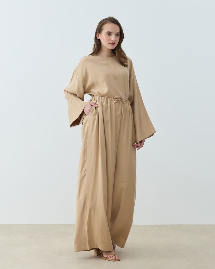 Cupra Beli İpli Wide Leg Pantolon Kum