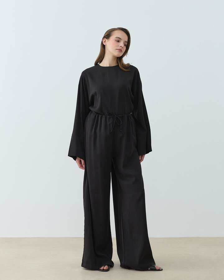 Cupra Beli İpli Wide Leg Pantolon Siyah