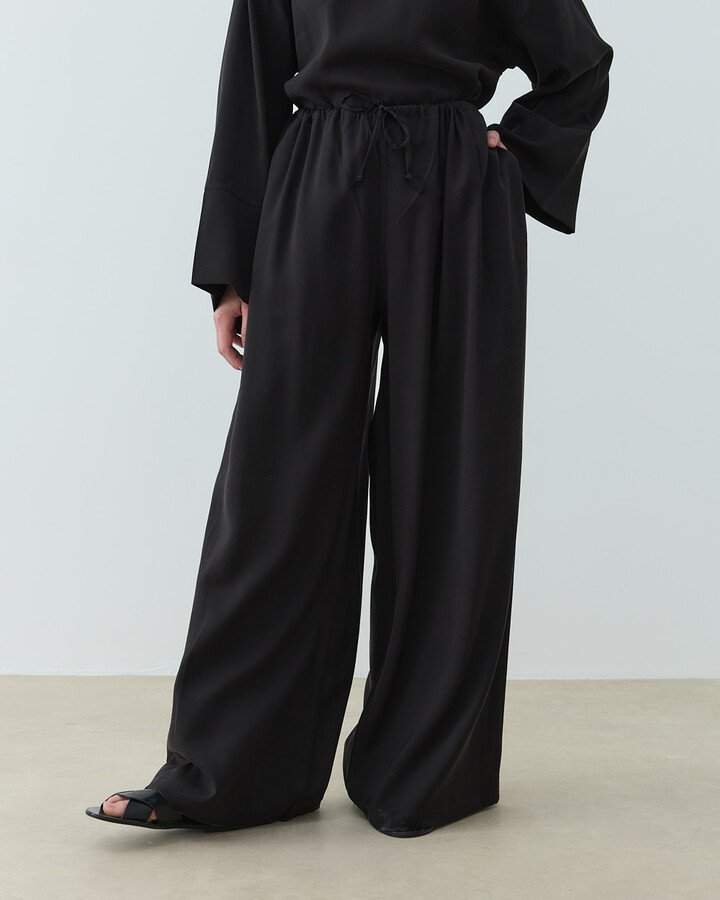 Cupra Beli İpli Wide Leg Pantolon Siyah