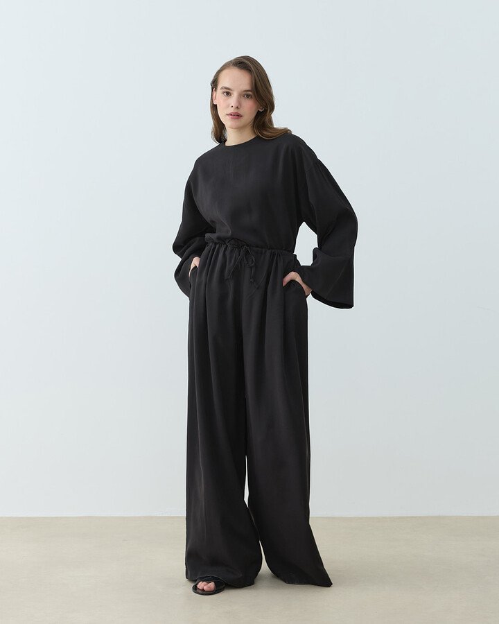 Cupra Beli İpli Wide Leg Pantolon Siyah