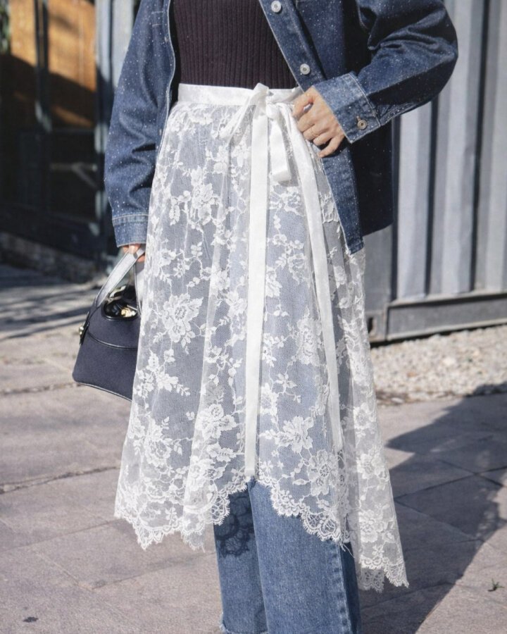 Dantel Pareo Yandan Bağlamalı Uzun İçlik Etek Ekru - Aybikestil