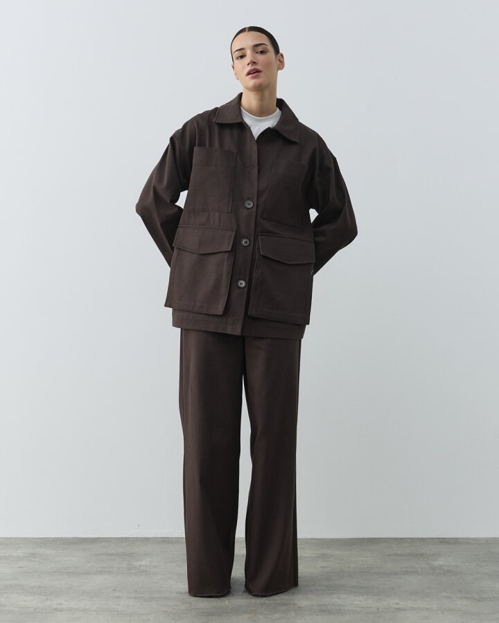 Denim Çok Cepli Düğmeli Ceket Kahve - Aybikestil (1)