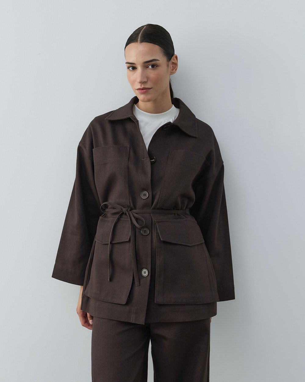 Denim Çok Cepli Düğmeli Ceket Kahve - Aybikestil