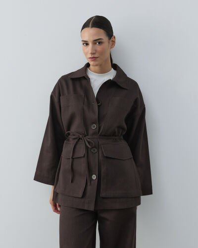 Denim Çok Cepli Düğmeli Ceket Kahve 