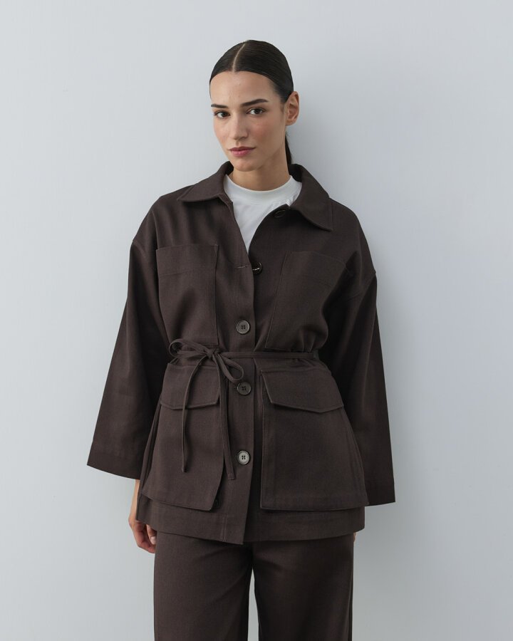 Denim Çok Cepli Düğmeli Ceket Kahve