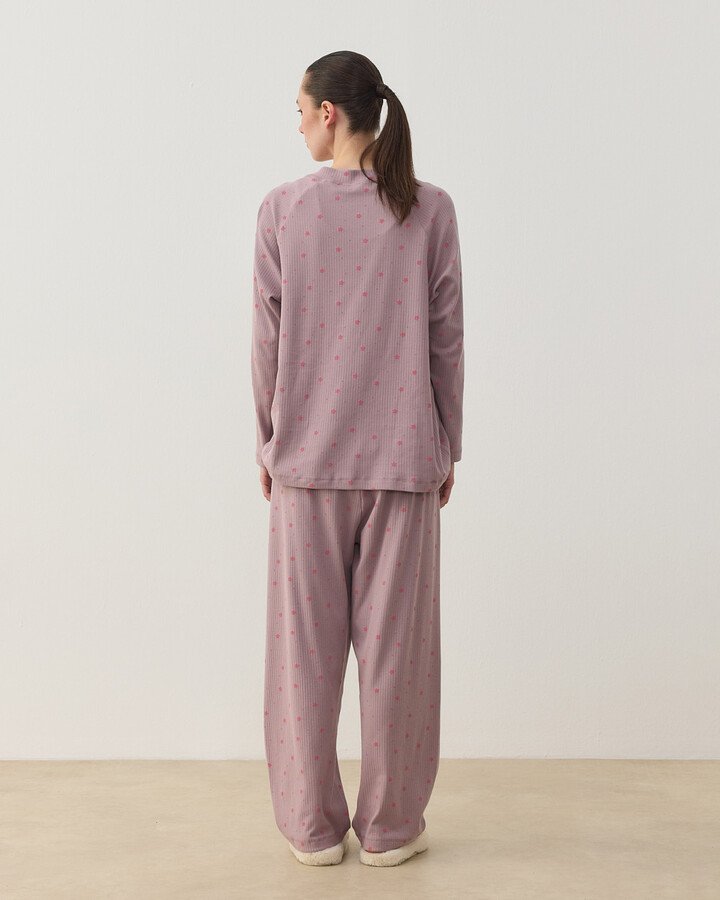 Desenli Fitilli Penye Relax Pijama Takımı Mürdüm Çiçekli